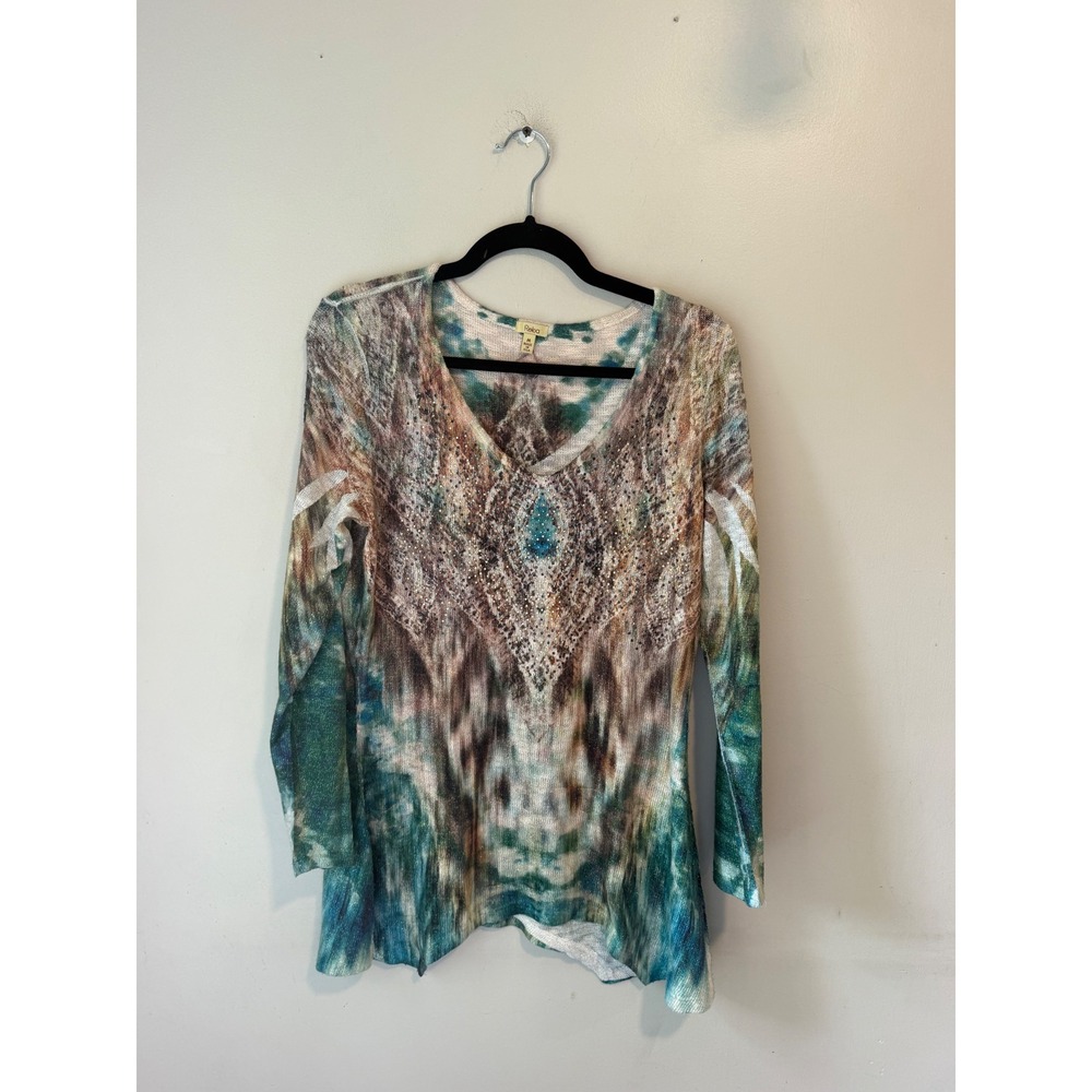 Reba Metallic Rhinestone Abstract Sharkbite Tunic Top Teal Brown Medium
